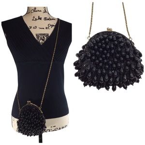 Vintage Beaded La Regale Purse, Clutch, Evening Bag, Black w/ Gold Hardware